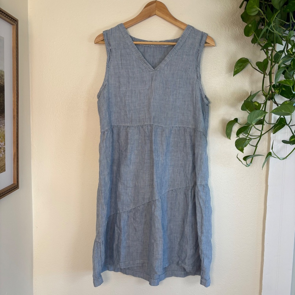 Lucky brand 100% linen babydoll tired striped blue gray dress size medium beach